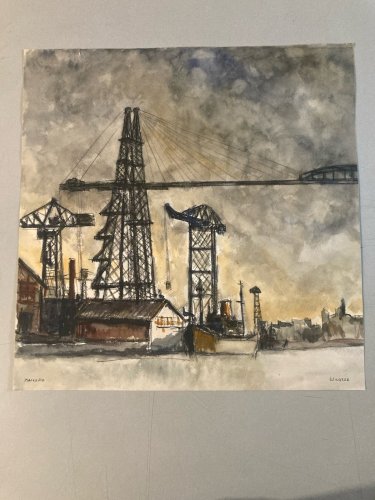 Peinture Gouache 1950 Art Chantier Naval Marseille Bateau Mer Ancien