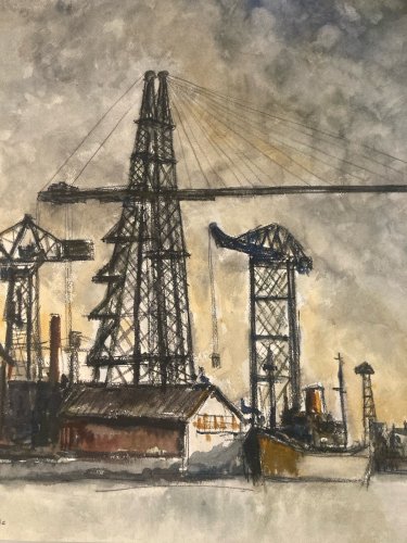 Peinture Gouache 1950 Art Chantier Naval Marseille Bateau Mer Ancien