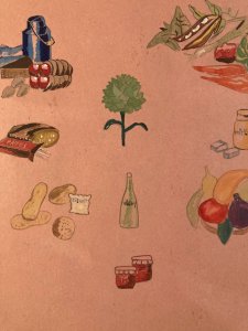 Peinture Gouache 1950 Nature Morte Motif Fruit Légume Ancien