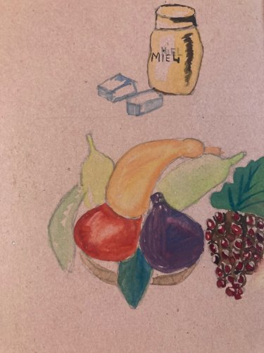 Peinture Gouache 1950 Nature Morte Motif Fruit Légume Ancien