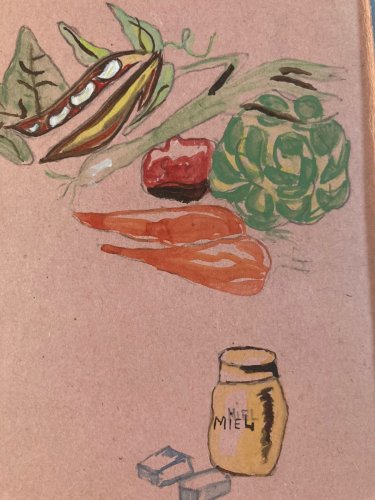 Peinture Gouache 1950 Nature Morte Motif Fruit Légume Ancien