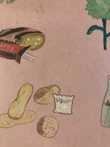 Peinture Gouache 1950 Nature Morte Motif Fruit Légume Ancien