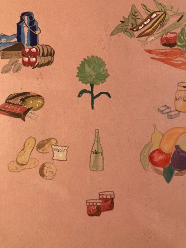 Peinture Gouache 1950 Nature Morte Motif Fruit Légume Ancien