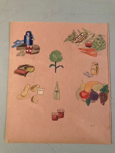 Peinture Gouache 1950 Nature Morte Motif Fruit Légume Ancien