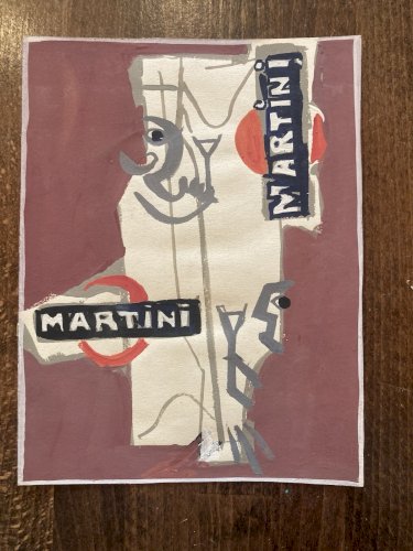 Peinture gouache 1960 Michel Henry Martini Bouteille Alcool Ancien Publicité Art