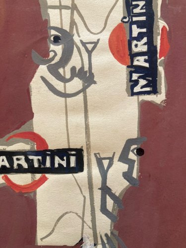 Peinture gouache 1960 Michel Henry Martini Bouteille Alcool Ancien Publicité Art