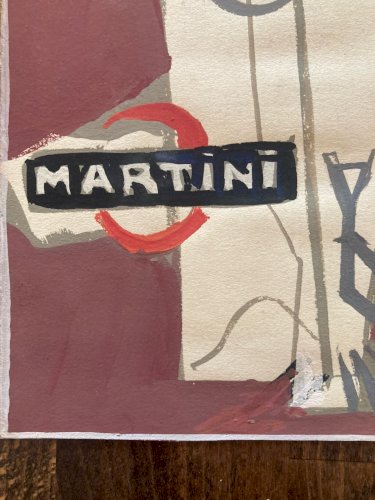 Peinture gouache 1960 Michel Henry Martini Bouteille Alcool Ancien Publicité Art