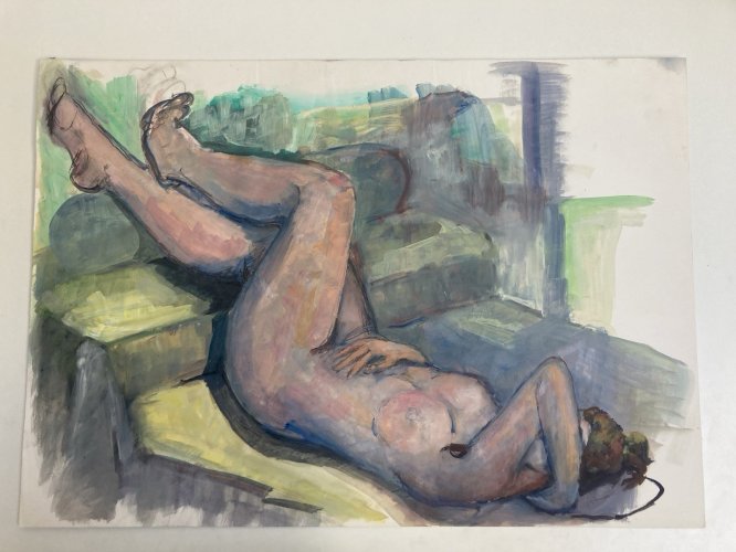 Peinture Gouache 1970 Art  Corps Nu Nue Erotique Femme  A Identifier