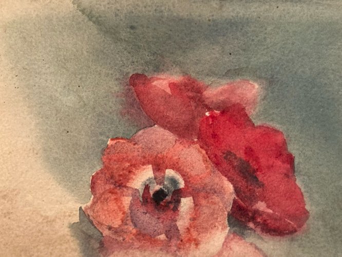 Peinture Gouache Aquarelle Rose  Bouquet Fleurs Fleur 1930 Art Deco Ancien