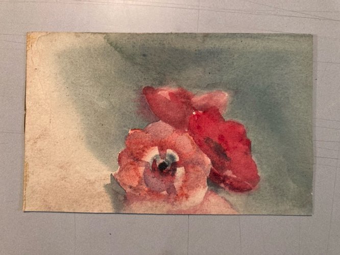 Peinture Gouache Aquarelle Rose  Bouquet Fleurs Fleur 1930 Art Deco Ancien