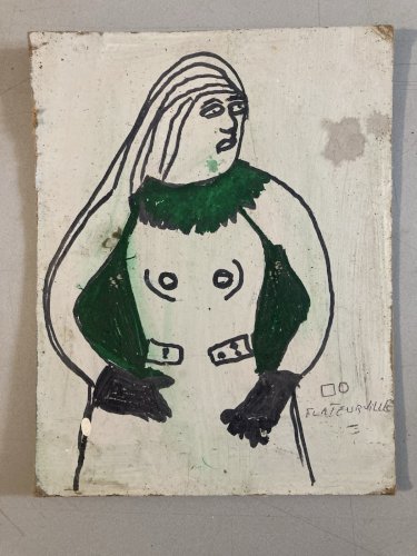 peinture Gouache Art Brut sur Carton À Identifier Naïf Femme Portrait