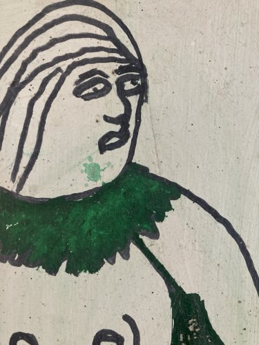 peinture Gouache Art Brut sur Carton À Identifier Naïf Femme Portrait