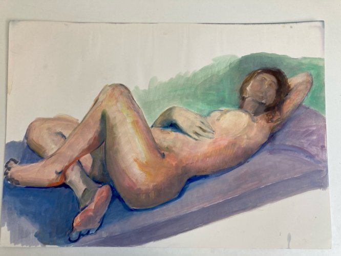 Peinture Gouache Art Corps 1970 Nu Femme Erotique A Identifier Nue