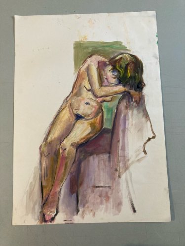 Peinture Gouache Art  Corps Nu Nue Erotique Femme A Identifier 1970