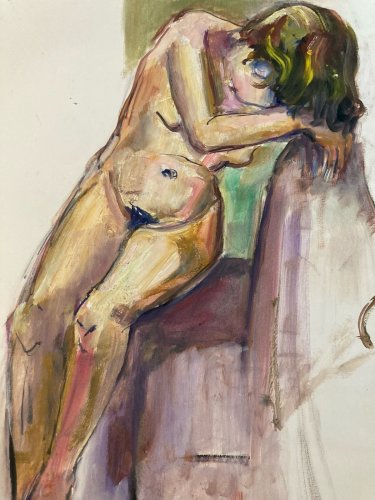 Peinture Gouache Art  Corps Nu Nue Erotique Femme A Identifier 1970
