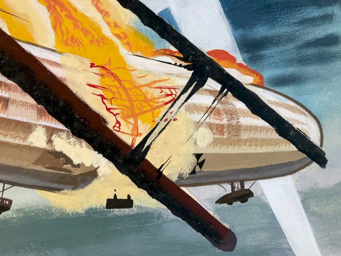 Peinture Gouache Avion Guerre WW2 DESSIN BD Art Francis Bergese? 1970