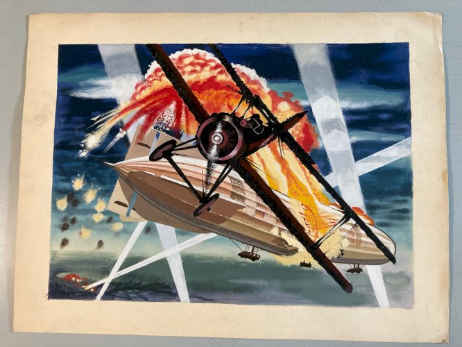 Peinture Gouache Avion Guerre WW2 DESSIN BD Art Francis Bergese? 1970