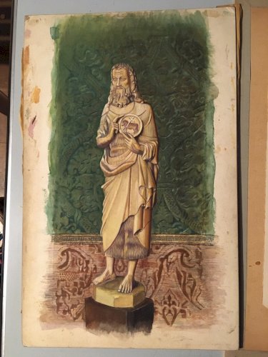 Peinture Gouache Carton Albert Jarach 1950 Nature Morte À La Statue Agneau XXe