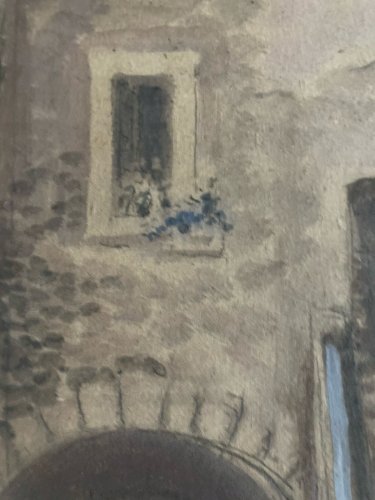 Peinture Gouache Carton Scène De Village À Identifier Art Ancien 1900 Âne Animal