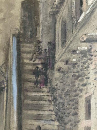 Peinture Gouache Carton Scène De Village À Identifier Art Ancien 1900 Âne Animal