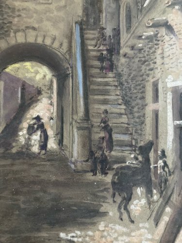 Peinture Gouache Carton Scène De Village À Identifier Art Ancien 1900 Âne Animal