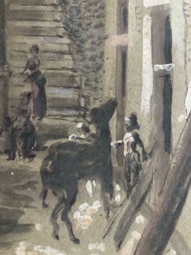 Peinture Gouache Carton Scène De Village À Identifier Art Ancien 1900 Âne Animal