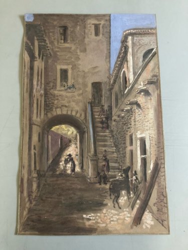 Peinture Gouache Carton Scène De Village À Identifier Art Ancien 1900 Âne Animal