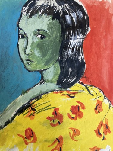 Peinture Gouache Encre Papier 1970 Portrait Figuration Libre Art Femme