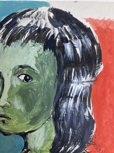 Peinture Gouache Encre Papier 1970 Portrait Figuration Libre Art Femme