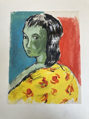 Peinture Gouache Encre Papier 1970 Portrait Figuration Libre Art Femme