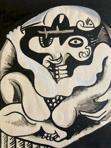 Peinture Gouache Expressionisme Cubiste 1958 Portrait Ancien Art XXe