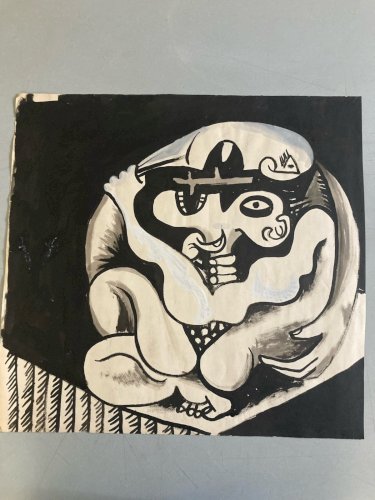 Peinture Gouache Expressionisme Cubiste 1958 Portrait Ancien Art XXe