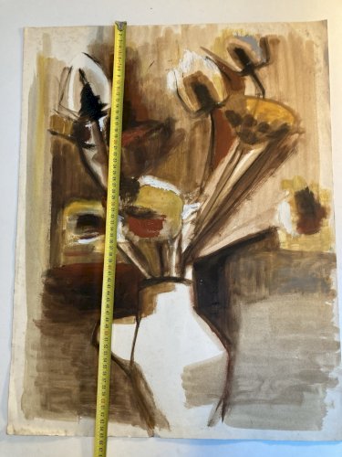 Peinture Gouache Fleur Chardon Dessin Papier 1960 Art Vase Bouquet
