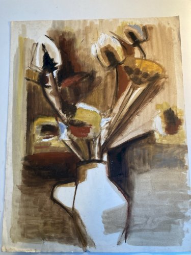 Peinture Gouache Fleur Chardon Dessin Papier 1960 Art Vase Bouquet