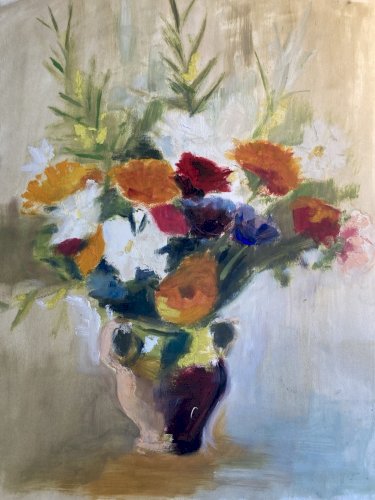 Peinture Gouache Fleur Fleurs Art Dessin Papier 1960 Art Vase Bouquet