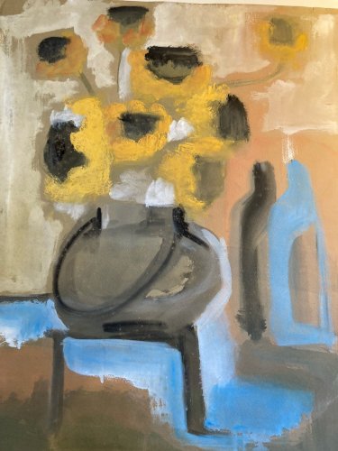 Peinture Gouache Fleur Tournesols Dessin Papier 1960 Art Vase Bouquet