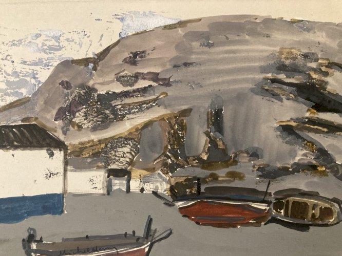 Peinture gouache Michel Henry (1928 2016) Almaden Espagne Pêche 1950 Art