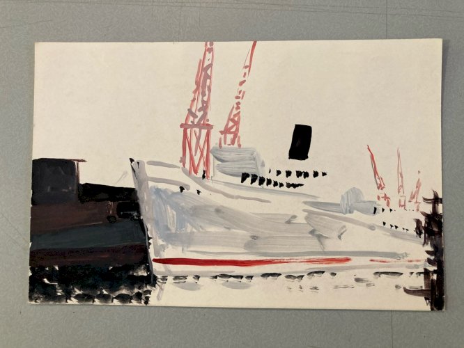 Peinture gouache Michel Henry (1928 2016) Bateau Pêche Port 1960 Art Painting
