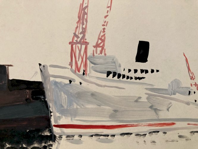 Peinture gouache Michel Henry (1928 2016) Bateau Pêche Port 1960 Art Painting