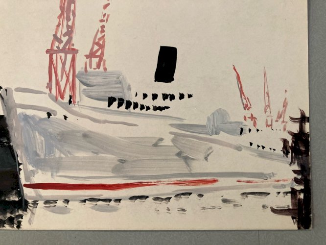 Peinture gouache Michel Henry (1928 2016) Bateau Pêche Port 1960 Art Painting