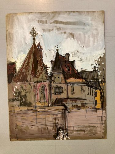 Peinture gouache Michel Henry (1928 2016) Kaysersberg 1950 Alsace Painting Old