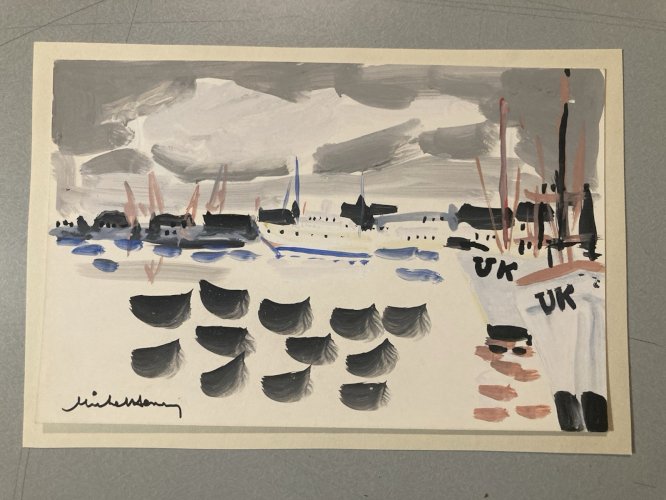 Peinture gouache Michel Henry (1928 2016) Marine Bateau UK Angleterre 1960