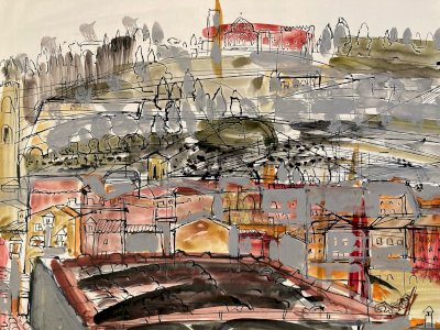 Gouache painting by Michel Henry (1928-2016) from the south of France? 1950 Painting Old