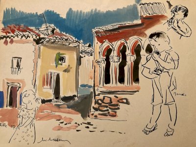 Peinture gouache Michel Henry 1955 Castille Espagne Enfant Ancien Art Dessin XXe