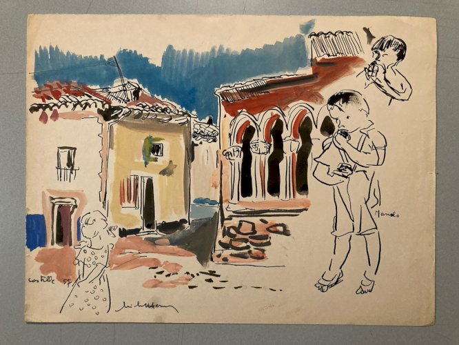 Peinture gouache Michel Henry 1955 Castille Espagne Enfant Ancien Art Dessin XXe