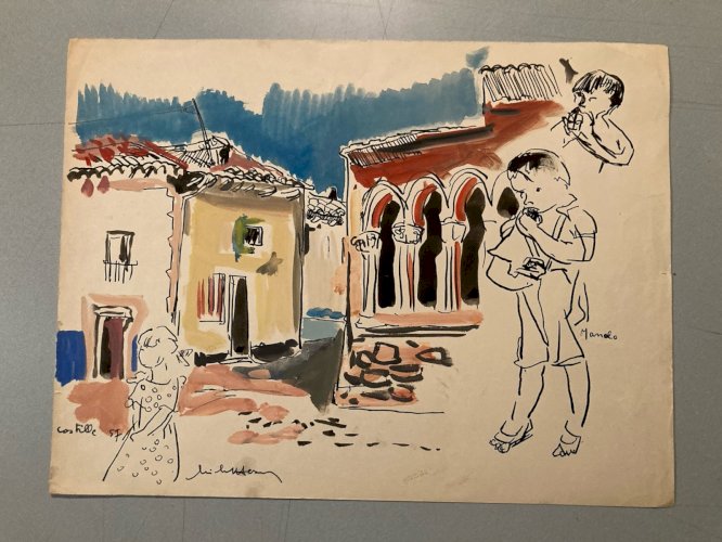 Peinture gouache Michel Henry 1955 Castille Espagne Enfant Ancien Art Dessin XXe