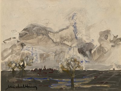 Peinture gouache Michel Henry 1955 Paysage Village Arbre Ancien Park Art Dessin