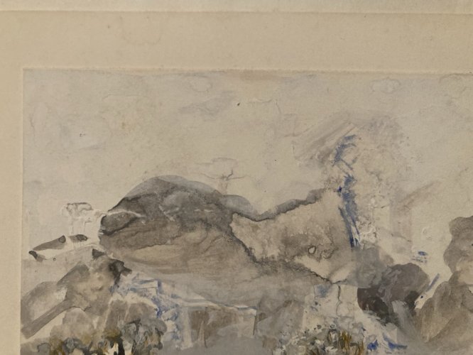 Peinture gouache Michel Henry 1955 Paysage Village Arbre Ancien Park Art Dessin