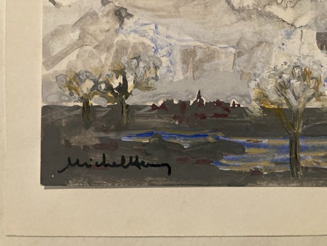 Peinture gouache Michel Henry 1955 Paysage Village Arbre Ancien Park Art Dessin