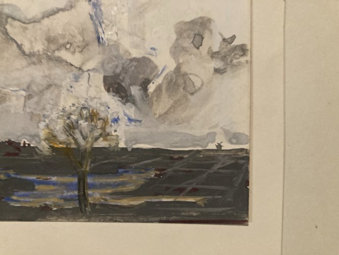 Peinture gouache Michel Henry 1955 Paysage Village Arbre Ancien Park Art Dessin